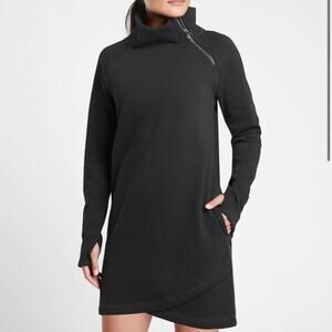 Athleta NWT Cozy Karma Asymmetric Sweatshirt Dress Black Size XS Zip Cowl Neck